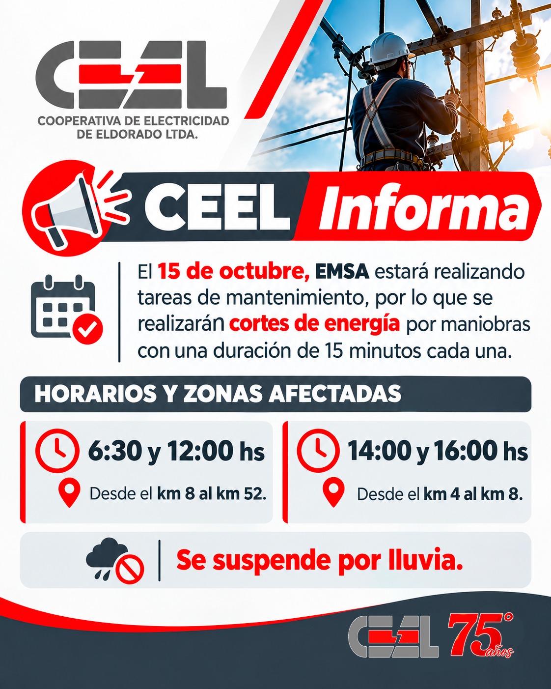 Este jueves habrá cortes de energía en algunas zonas de Eldorado 2